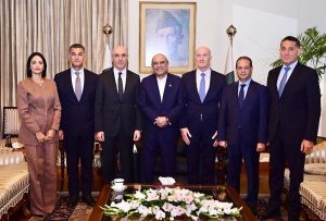 President Asif Ali Zardari in a group photograph with Ahmad Al Hajjar, Minister of Interior and Municipalities of the Lebanese Republic, at Aiwan-e-Sadr