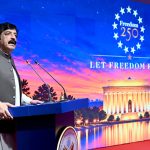 Punjab Governor, Sardar Saleem Haider Khan, is addressing the 'Freedom 250' reception at a local hotel to mark the 250th anniversary of American Independence Day