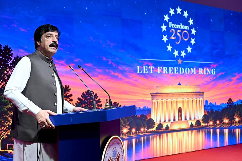 Punjab Governor, Sardar Saleem Haider Khan, is addressing the 'Freedom 250' reception at a local hotel to mark the 250th anniversary of American Independence Day