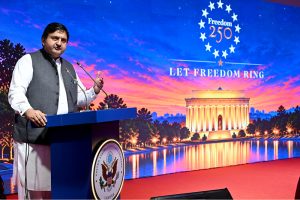 Punjab Assembly Speaker Malik Muhammad Ahmad Khan, is addressing the 'Freedom 250' reception at a local hotel, to mark the 250th anniversary of American Independence Day