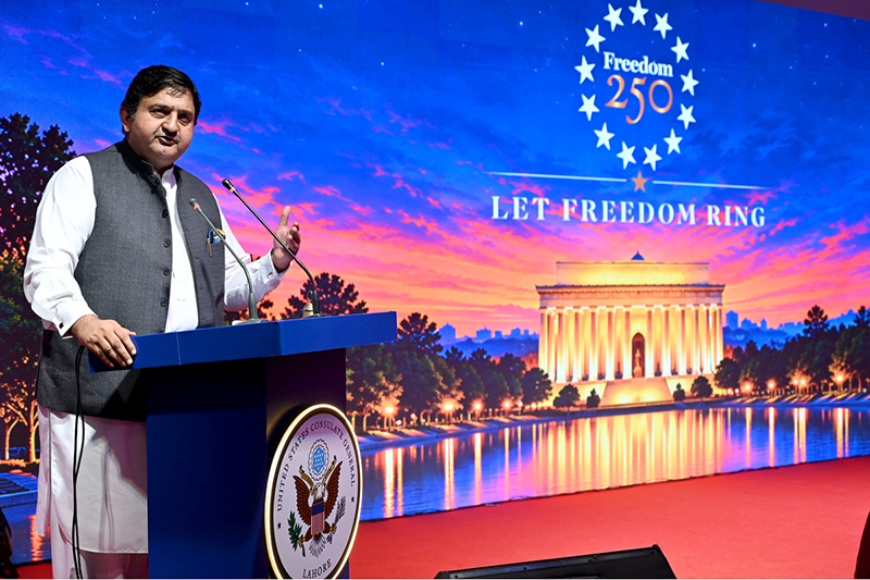 Punjab Assembly Speaker Malik Muhammad Ahmad Khan, is addressing the 'Freedom 250' reception at a local hotel, to mark the 250th anniversary of American Independence Day