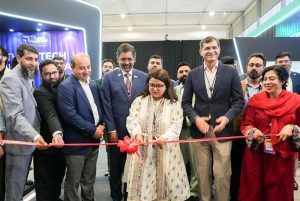 Federal Minister for IT and Telecommunication Shaza Fatima Khawaja inaugurating the Tech Destination Pakistan Pavilion at LEAP 2026.