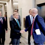 Prime Minister Shehbaz Sharif being received by Chief Executive Officer, David Schwimmer on his arrival at the London Stock Exchange
