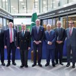 Prime Minister Shehbaz Sharif in a group photo with CEO of London stock Exchange, David Schwimmer, Finance Minister Muhammad Aurengzeb and other members of Pakistani delegation