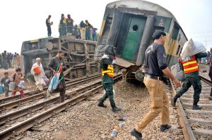 Rescue personnel and railway staff engaged in relief operations after 14 coaches of the Karachi–Peshawar-bound Rehman Baba Express derailed near Sher Shah Railway Station at least four passengers were killed and 49 injured in the incident.