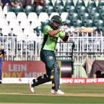 Pakistani batter Fakhar Zaman plays a shot during the ODI Tri-Series match between Pakistan and Sri Lanka at Rawalpindi Cricket Stadium