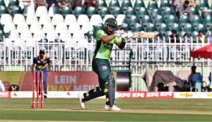 Pakistani batter Fakhar Zaman plays a shot during the ODI Tri-Series match between Pakistan and Sri Lanka at Rawalpindi Cricket Stadium