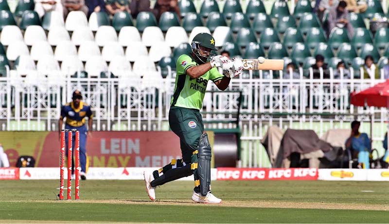Pakistani batter Fakhar Zaman plays a shot during the ODI Tri-Series match between Pakistan and Sri Lanka at Rawalpindi Cricket Stadium