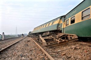 Rescue personnel and railway staff engaged in relief operations after 14 coaches of the Karachi–Peshawar-bound Rehman Baba Express derailed near Sher Shah Railway Station at least four passengers were killed and 49 injured in the incident.