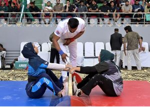 Athletes participating in competition during 9th National MAS-Wrestling Championship 2026 at Pakistan Sports Complex.