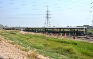 Rescue personnel and railway staff engaged in relief operations after 14 coaches of the Karachi–Peshawar-bound Rehman Baba Express derailed near Sher Shah Railway Station at least four passengers were killed and 49 injured in the incident.