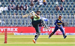 Pakistani batter Fakhar Zaman plays a shot during the ODI Tri-Series match between Pakistan and Sri Lanka at Rawalpindi Cricket Stadium