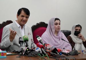 Federal Minister for Kashmir Affairs and Gilgit-Baltistan Engineer Amir Muqam addresses a press conference at the Kashmir Council.