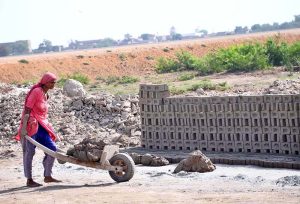 A lady labourer pushing hand cart loaded with mud for preparing bricks at brick kiln, Tando Hyder