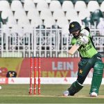 Pakistani batter Babar Azam plays a shot during the ODI Tri-Series match between Pakistan and Sri Lanka at Rawalpindi Cricket Stadium