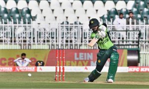 Pakistani batter Babar Azam plays a shot during the ODI Tri-Series match between Pakistan and Sri Lanka at Rawalpindi Cricket Stadium
