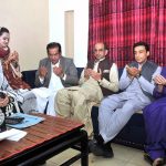 State Minister for Energy (Power Division) Abdul Rehman Khan Kanju, Provincial Minister for Irrigation Muhammad Kazim Ali Pirzada and MNA Punjab Hamza Shahbaz Sharif offer Fateha for the departed brother of former MPA Sultana Shaheen at her residence on the occasion