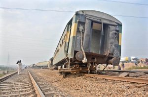 Rescue personnel and railway staff engaged in relief operations after 14 coaches of the Karachi–Peshawar-bound Rehman Baba Express derailed near Sher Shah Railway Station at least four passengers were killed and 49 injured in the incident.