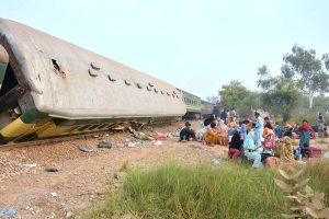 Rescue personnel and railway staff engaged in relief operations after 14 coaches of the Karachi–Peshawar-bound Rehman Baba Express derailed near Sher Shah Railway Station at least four passengers were killed and 49 injured in the incident.