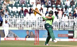 Pakistani batter Babar Azam plays a shot during the ODI Tri-Series match between Pakistan and Sri Lanka at Rawalpindi Cricket Stadium