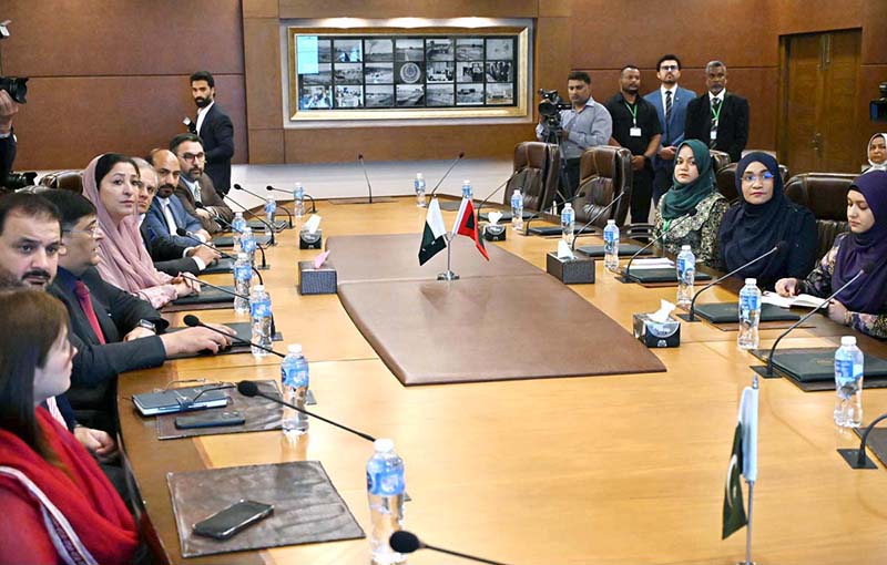 The First Lady of the Maldives, Ms. Sajidha Mohamed being briefed by the Minister of State for Federal Education and Professional Training, Ms. Wajiha Qamar, during her visit to the National Institute of Health (NIH)