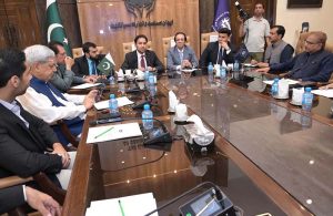 Provincial Minister for Energy, Sports, and Youth Affairs, Faisal Ayub Khokhar, and President of the Chamber of Commerce, Khawar Hussain Sapal, are addressing the business and sports communities