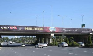 A view of banners displayed to mark October 27 as 'Black Day' to condemn the Indian atrocities against Kashmiris and the Indian illegal occupation of Kashmir on October 27, 1947. Every year, the day is marked to express solidarity and support with Kashmiri people in their struggle for right to self-determination.