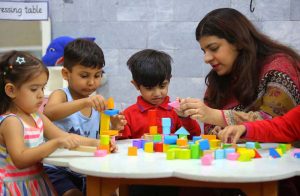 A school teacher instructs students during a classroom session at The City School, Warsak Campus, in connection with World Teachers’ Day.