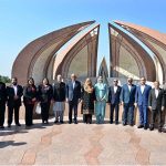 President of the Republic of Maldives Dr. Mohamed Muizzu and First Lady Madam Sajidha Mohamed along with Federal Minister for Maritime Affairs Muhammad Junaid Anwar Chaudhry and Minister of State for Federal Education and Professional Training Wajiha Qamar in a group photograph during their visit to the Pakistan Monument