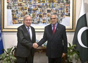 Deputy Prime Minister/Foreign Minister Senator Muhammad Ishaq Dar shakes hands with UN Secretary-General António Guterres at the Ministry of Foreign Affairs.