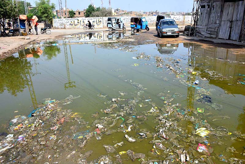 A view of sewage water accumulated on the road at Makrani Para, creating problems for motorists and pedestrians, needs the attention of the concerned authorities