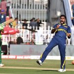 Sri Lankan players celebrate after taking a wicket of Pakistani batter Saad Baig during the ODI Tri-Series match between Pakistan and Sri Lanka at Rawalpindi Cricket Stadium