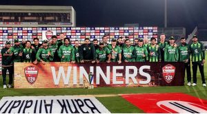Minister of State for Interior, Talal Chaudhry presents the winning trophy to Pakistan captain Sahibzada Farhan after Pakistan won the three-match T20 series against Sri Lanka 2-1 at Rawalpindi Cricket Stadium