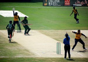 Women players in action during the T20 cricket match between Bangladesh U-19 Women and Sri Lanka U-19 Women as part of the ongoing series at Iqbal Stadium.