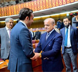 Prime Minister Muhammad Shehbaz Sharif meets parliamentarians in a session of the National Assembly