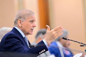 Prime Minister Muhammad Shehbaz Sharif addresses a meeting of PML(N)'s parliamentary party