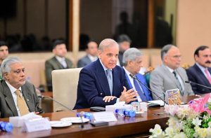 Prime Minister Muhammad Shehbaz Sharif addresses a meeting of PML(N)'s parliamentary party