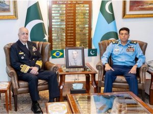 A high-level delegation from the Federative Republic of Brazil, led by Admiral Renato Rodrigues De Aguiar Freire, Chief of the Joint Chiefs of Staff of the Armed Forces of Brazil, called on Air Chief Marshal Zaheer Ahmed Baber Sidhu, NI (M), HJ, Chief of the Air Staff