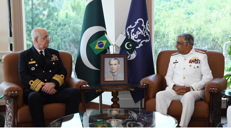 A high-level delegation from the Federative Republic of Brazil, led by Admiral Renato Rodrigues De Aguiar Freire, Chief of the Joint Chiefs of Staff of the Armed Forces of Brazil, called on Admiral Naveed Ashraf, NI, NI (M), TBt, Chief of the Naval Staff