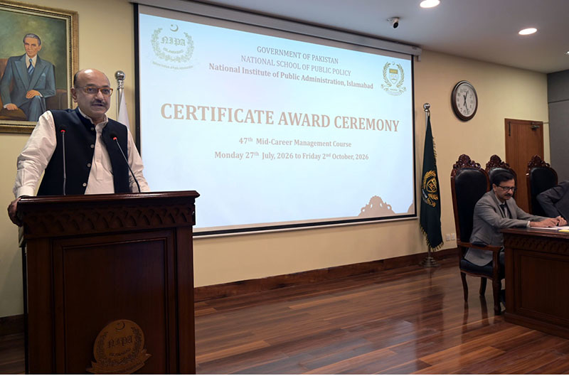 Secretary, Establishment Division, Barrister Nabeel A. Awan addressing to participants during the passing-out ceremony of the 47th Mid-Career Management Course at NIPA