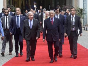 Deputy Prime Minister and Foreign Minister Senator Mohammad Ishaq Dar and UN Secretary-General António Guterres arriving for a joint press briefing at the Ministry of Foreign Affairs.