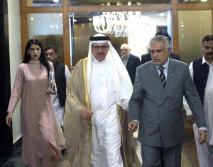 Deputy Prime Minister/Foreign Minister Senator Mohammad Ishaq Dar & Minister of Foreign Affairs of the Kingdom of Bahrain H. E. Dr. Abdullatif Bin Rashid Al-Zayani coming for signing MoU after 3rd Pakistan-Bahrain Bilateral Joint Ministerial Commission (JMC) meeting at the Ministry of Foreign Affairs.