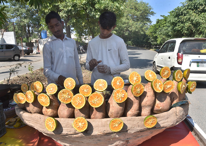 A boy displays roasted sweet potatoes (Shakarkandi) to attract the customers at roadside
