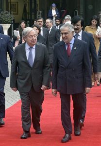 Deputy Prime Minister and Foreign Minister Senator Mohammad Ishaq Dar and UN Secretary-General António Guterres arriving for a joint press briefing at the Ministry of Foreign Affairs.
