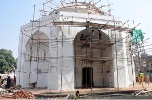 Workers are busy carrying out maintenance work on the historic blue dome.