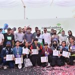 A group photograph of position holders with Chairman South Asian Athletics Federation Major General (R) Muhammad Akram Sahi, President Athletics Federation of Pakistan Brigadier (R) Wajahat Sahi and organizer Ali Mohammad Awan during the prize distribution ceremony of the Sargodha Mini Marathon Race