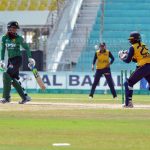 Players in action during the T20 tri-series match between Pakistan Under-19 Women and Sri Lanka Under-19 Women at Iqbal Stadium