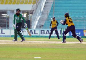 Players in action during the T20 tri-series match between Pakistan Under-19 Women and Sri Lanka Under-19 Women at Iqbal Stadium