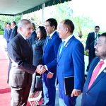 Prime Minister Muhammad Shehbaz Sharif shakes hands with members of the delegation led by the President of the Maldives H.E. Muhammad Muizzu at Prime Minister's House