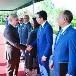 Prime Minister Muhammad Shehbaz Sharif shakes hands with members of the delegation led by the President of the Maldives H.E. Muhammad Muizzu at Prime Minister's House